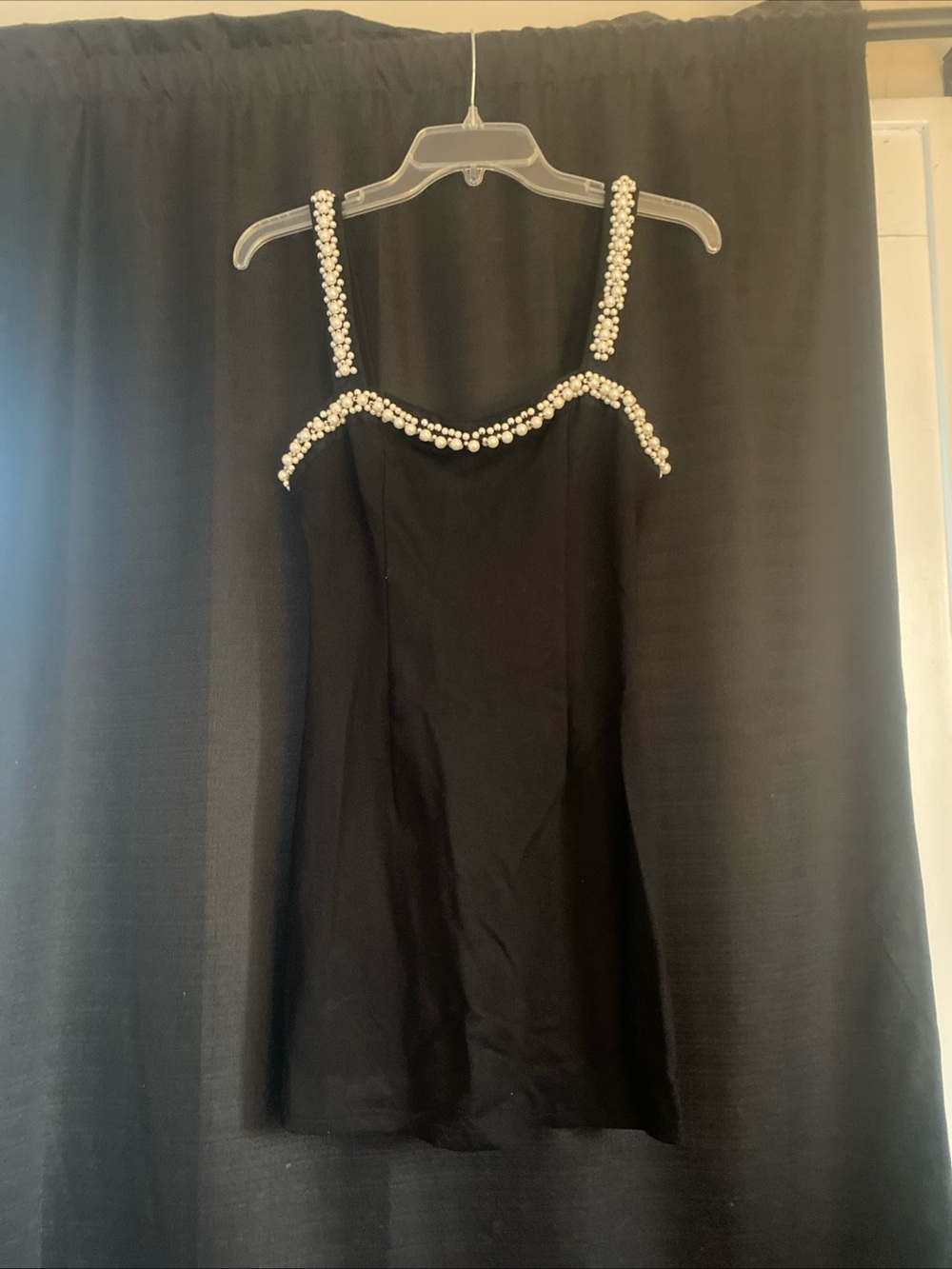 Finesse Black Mini Dress with Pearl-Trim Straps - Picture 1 of 6